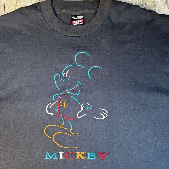 Rare Vintage Fruit Of The Loom Mickey Mouse Embroidered Logo T Shirt 90s L - Picture 1 of 7